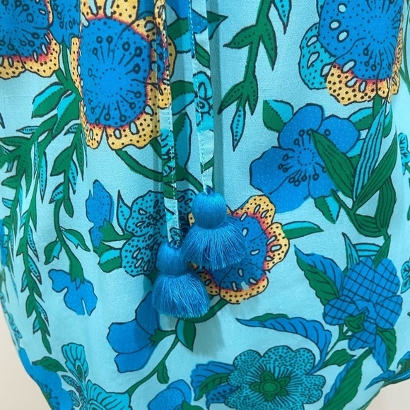 Figue Gianna drawstring ruffle top blouse self tie tassel floral turquoise sz xs - Picture 11 of 14